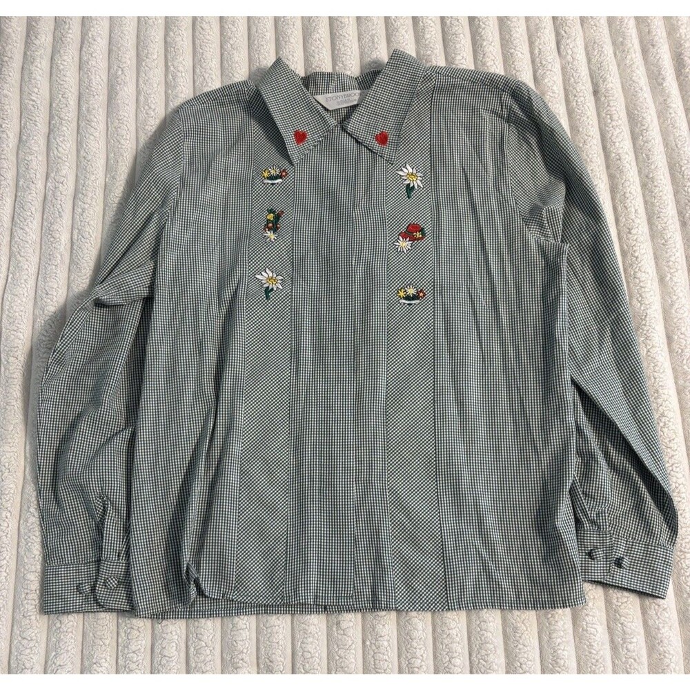 VTG Stonybrook Long Sleeve Embroidered Button Down Shirt Green Gingham Garden 10